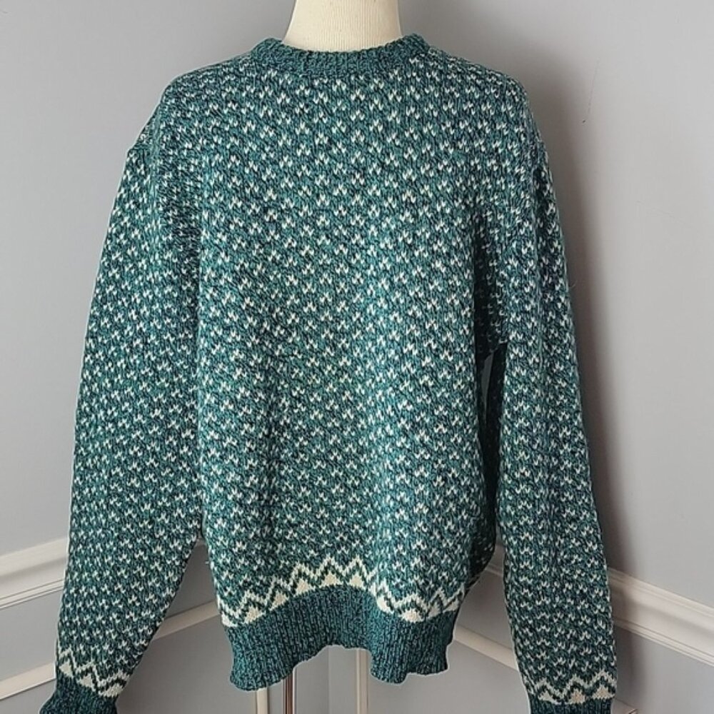ENVIROMENTAL CLOTHING CO. VTG‎ Green White Wool Blend Boho Crewneck Sweater L
